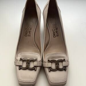 Salvatore Ferragamo Cream Flats with Gold Buckle